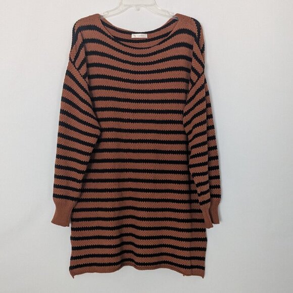 KIRUNDO Brown/Black Stripe Long Sleeve Soft Knit Pullover Sweater Dress; Size L - Picture 1 of 5